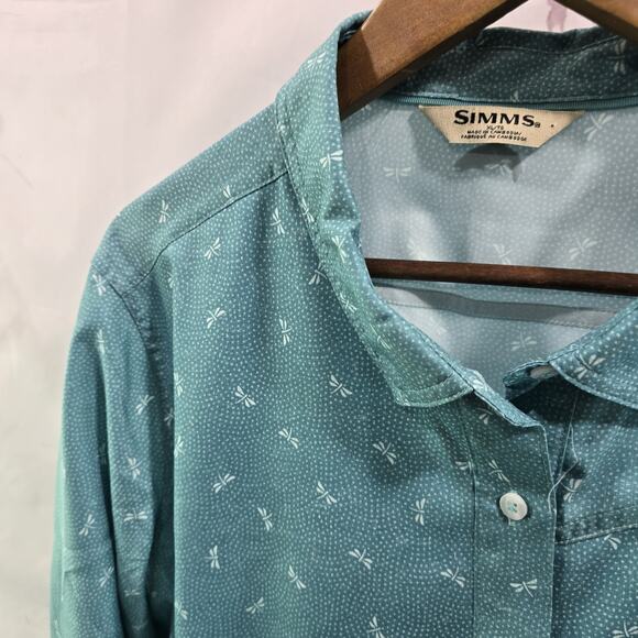 Simms Shirt Women XL Blue Button Up Long Sleeve Dragonfly - Picture 2 of 12